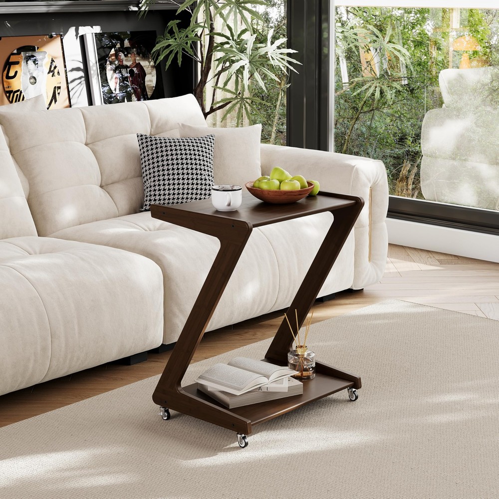 Solid Wood Rolling End Table with Lockable Wheels, Bamboo Couch Side Table Th...