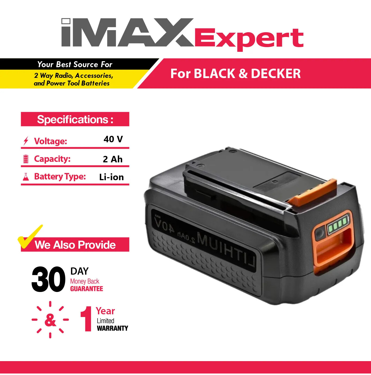 40V 2Ah Li-ion Battery for Black & Decker LBX2040, LBXR36, LBXR36-2, LBX36 gallery