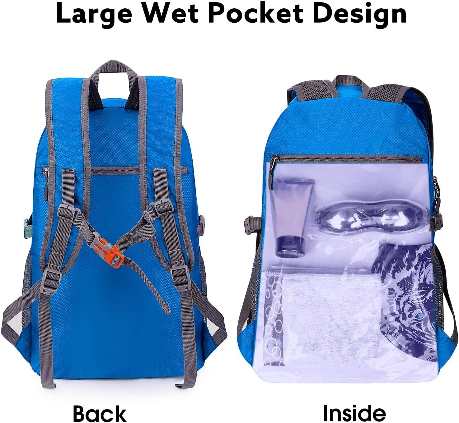 Lightweight Packable Hiking Backpack with Waterproof Wet Pocket - 40L Storage 4