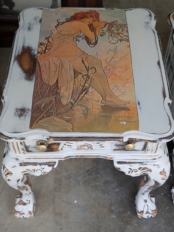Shabby Chic Walnut End Tables (Pair) & Coffee Table "The Four Seasons" by Mucha gallery