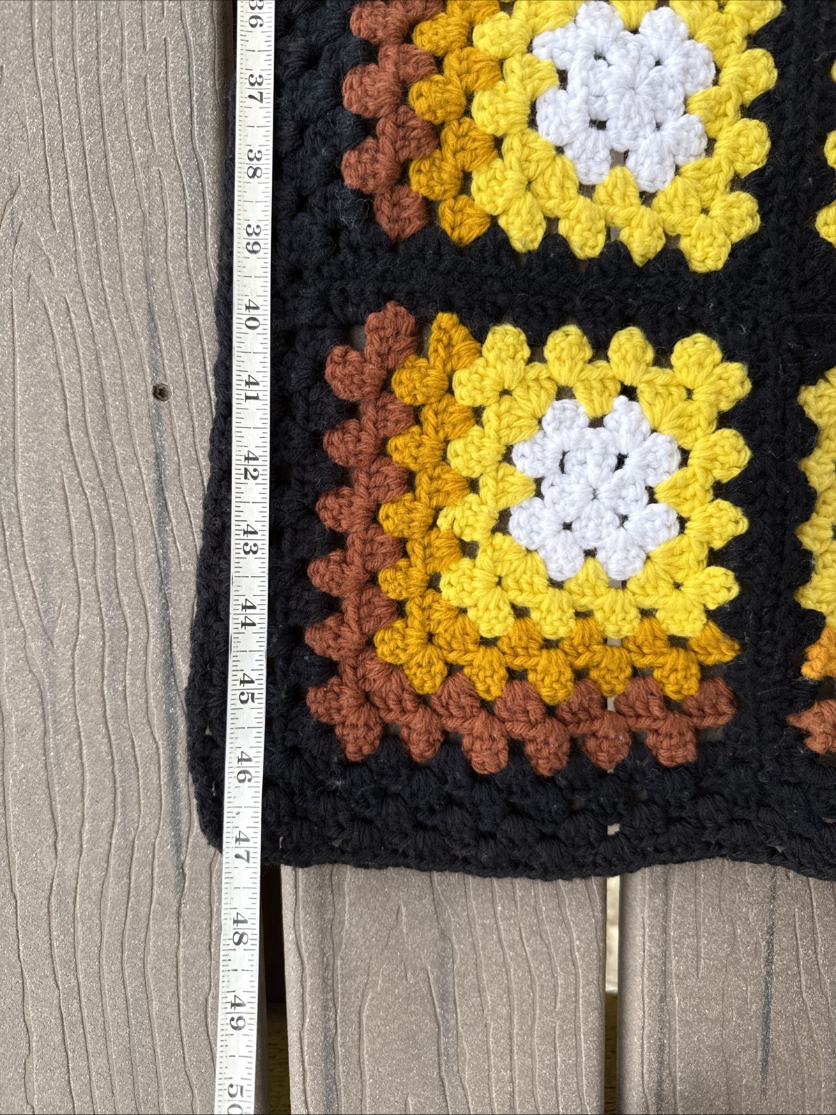 VTG 53x53in Hand-Crocheted Granny Square Afghan Blanket Brown/Yellow/Black/White gallery