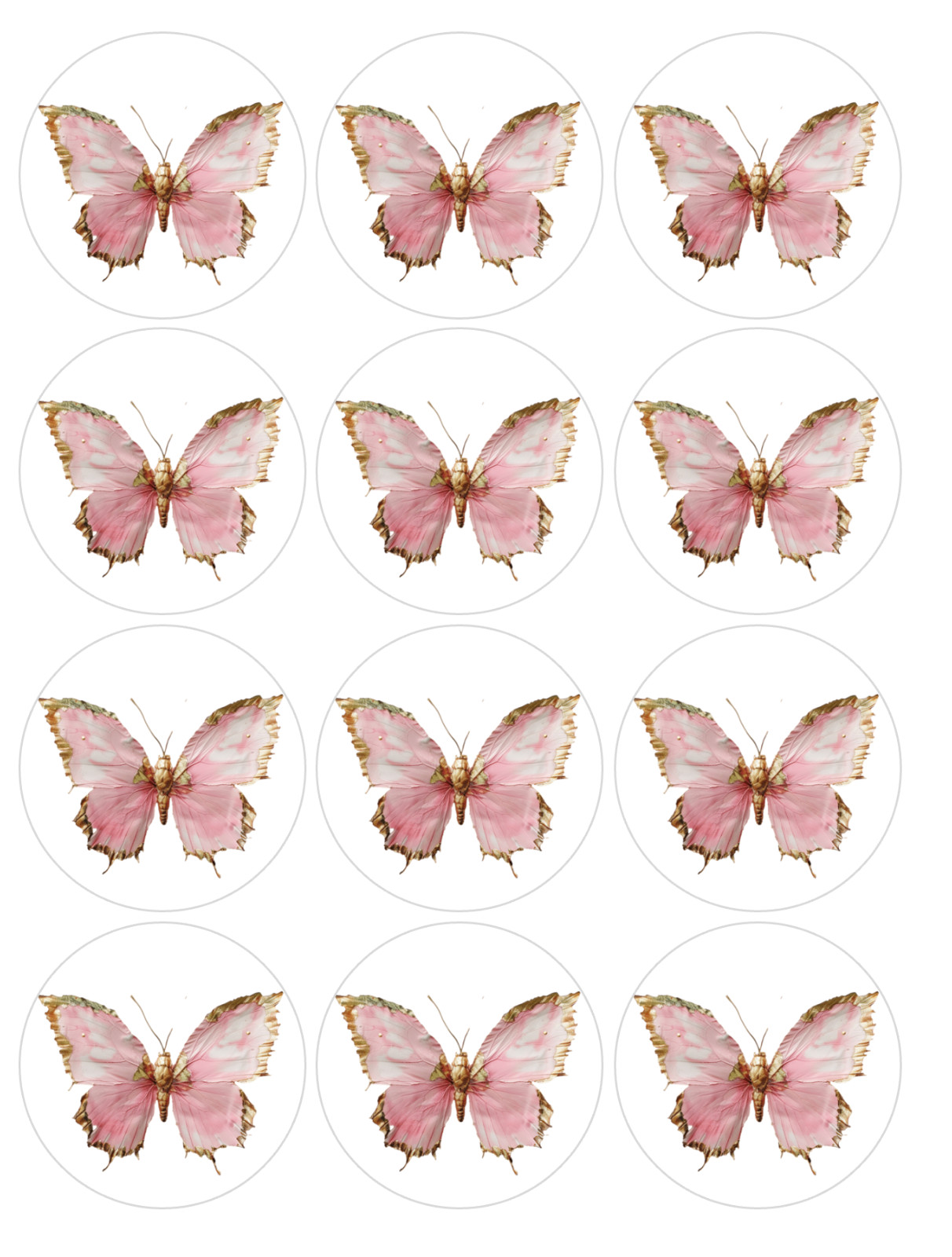 12 count Pink and Gold Butterfly Edible Image rounds, Wafer paper, pre cut gallery