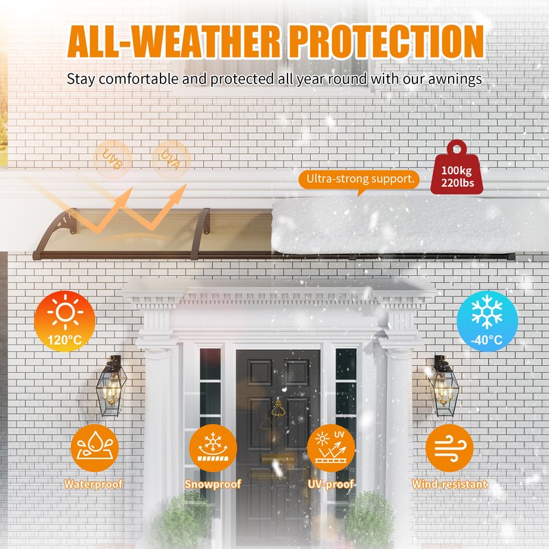 40/48/60/80" Solid Polycarbonate Awnings Door Canopy with Large Gutter Outdoor gallery