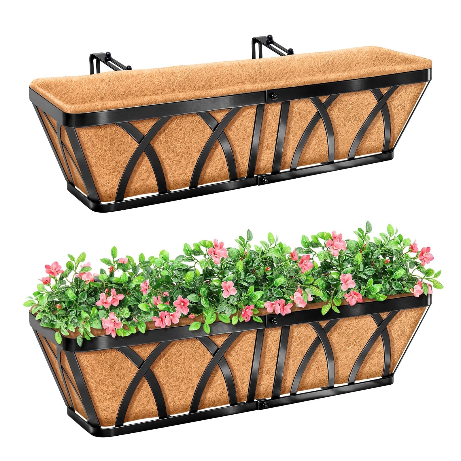 24" Metal Railing Planter Box - 2 Pack with Coco Liner for Deck, Balcony, Porch gallery
