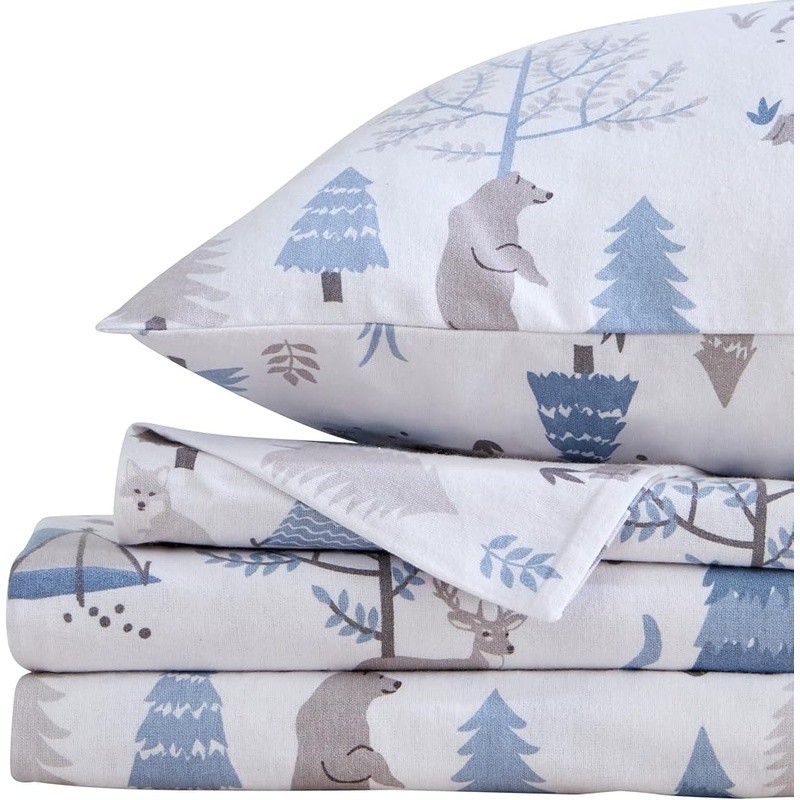 Premium Flannel King Size Fitted Sheet Set Woodland Animal Print Cozy Bedding US gallery