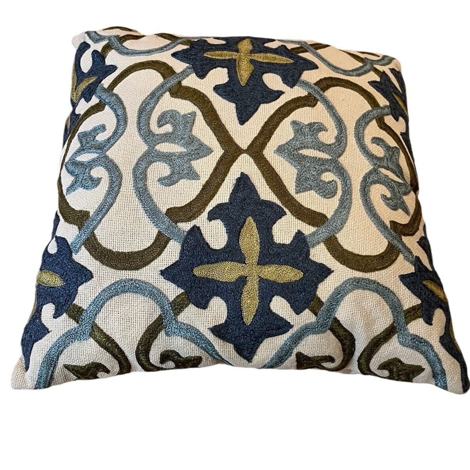 Pier One Imports Toss Pillow Embroidery Like Decor 17x17” Blue Green Beige Olive gallery