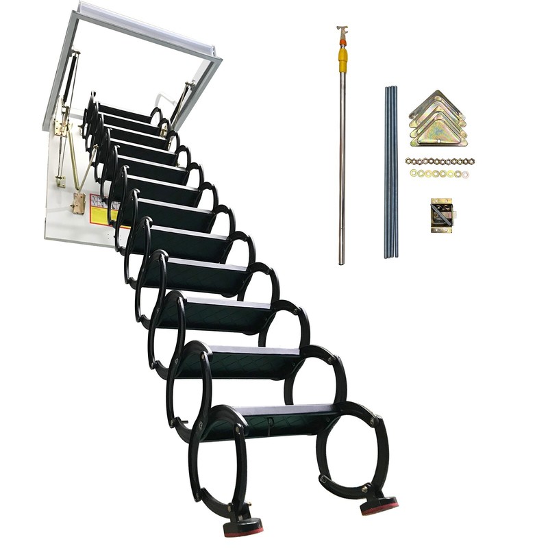 Attic Pull Down Ceiling Ladder Stairs Black Retractable Ladder Max Height 9.8ft gallery