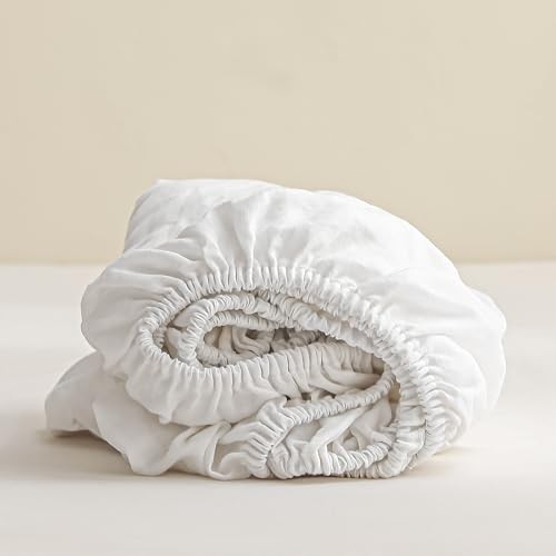 100% Linen Fitted Sheet - Organic Deep Pocket Bed Sheets for 16" Queen White gallery