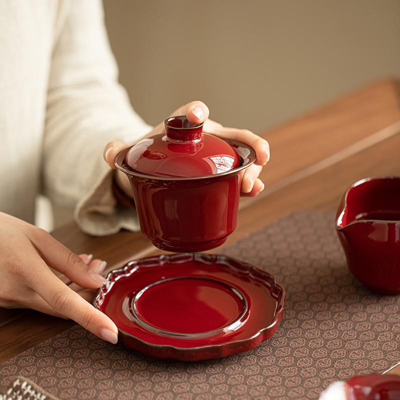 Jingdezhen Porcelain Gaiwan Solid Color Red Ceramic Tureen Cup Bowl Lid Saucer gallery