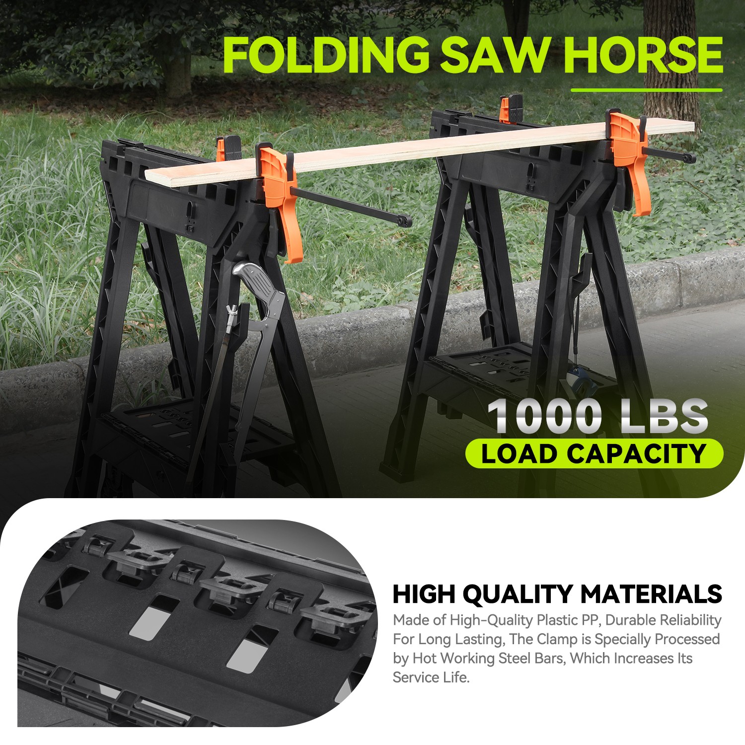 1000 LBS Foldable Handy Bench Saw Horse Pair Hot Working Steel Bars Clamp Black gallery