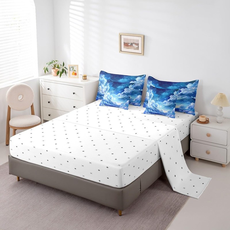 Blue Night Sky Comforter Set with Sheets Clouds Stars Moon Printed 7 Piece Be... gallery