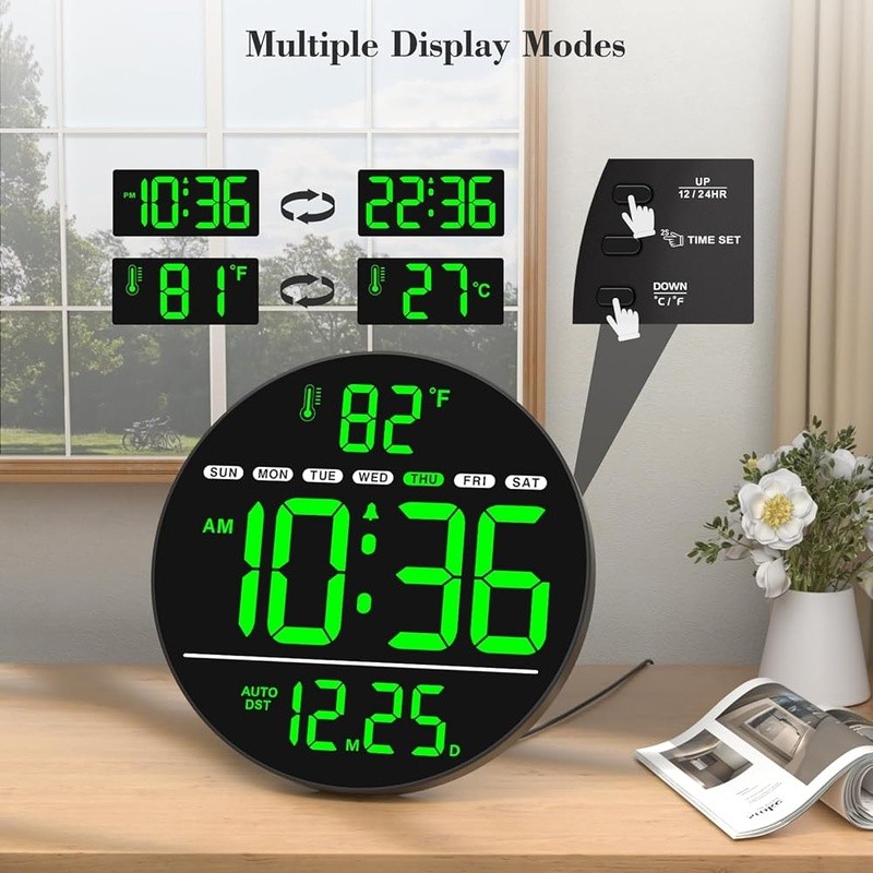 Electric Wall Clock W/ LED Display Silent Dimmer Temperature Date Time Auto DST gallery