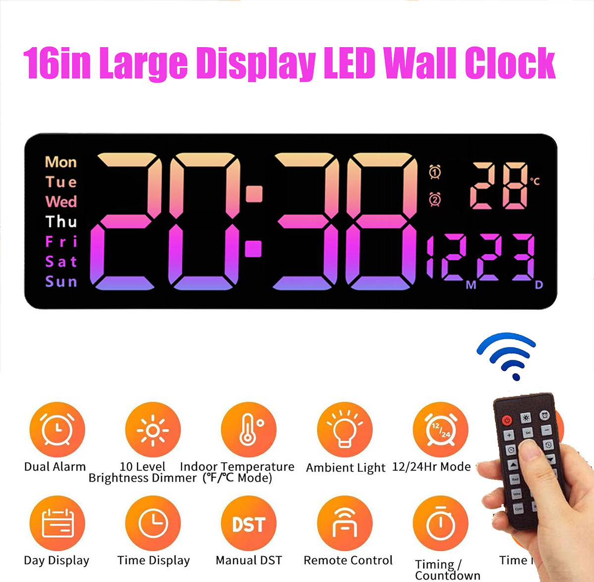16inch BIG DIGITAL LED CLOCK WALL MOUNT LARGE NUMBERS TIMER DATE TEMPERATURE US gallery