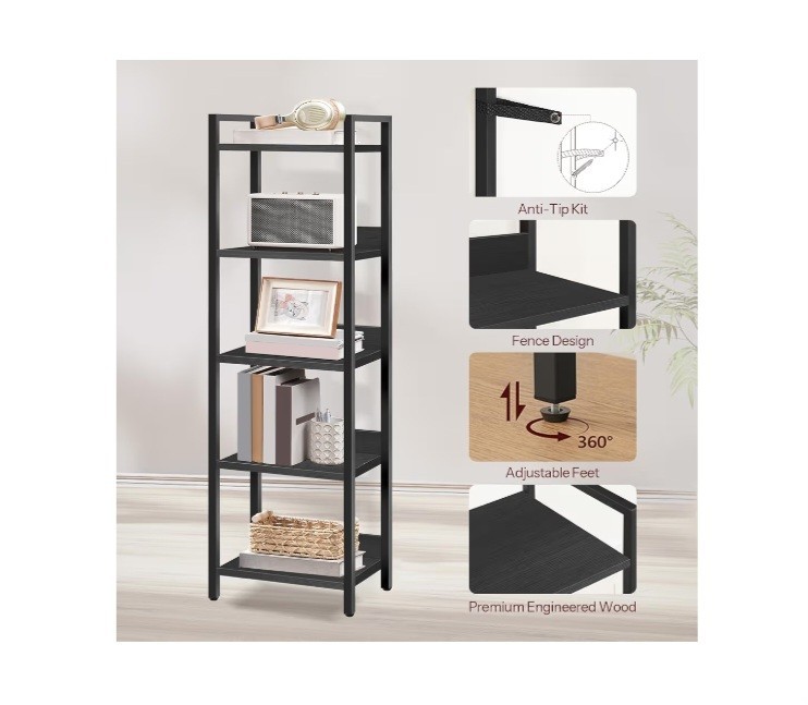 Black Engineered Wood Bookcase, 5 Shelves, Adjustable Feet, 51.6" x 13" x 9.5" gallery