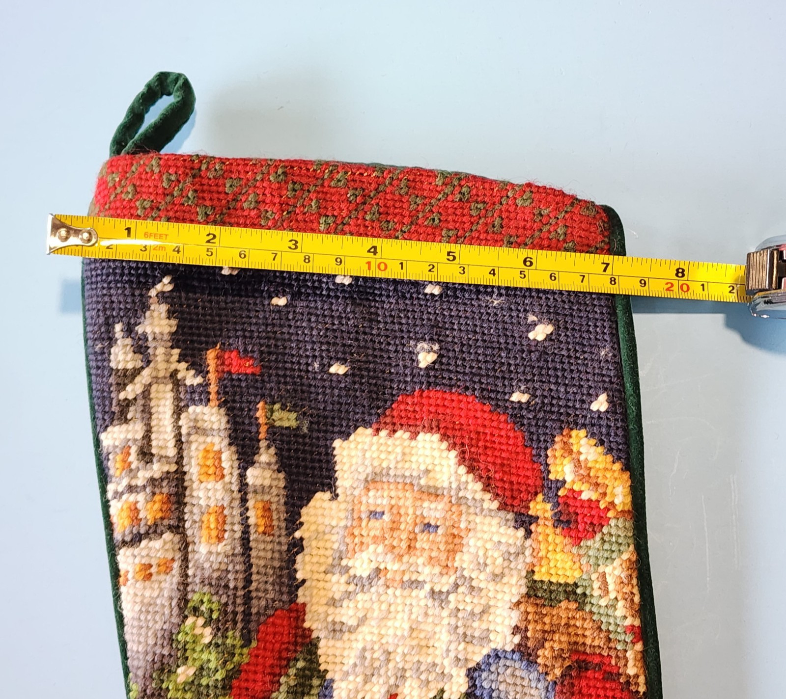 VTG Needlepoint Christmas Stocking Santa w/Plaid Trim, Dog, Toys, Castle gallery