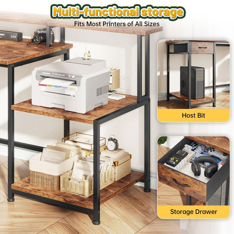 Home Office Study Table Work Computer Gaming Desk with Drawer & LED,Rustic Brown gallery