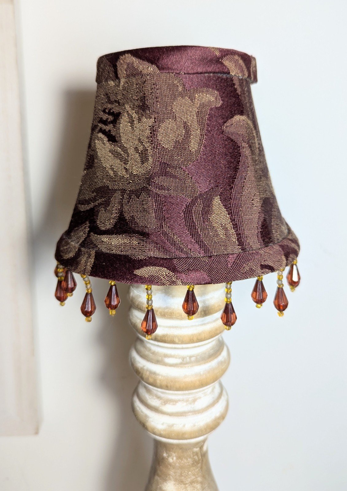 Chandelier Mini Lamp Shade Burgundy Brocade Beaded Crystal Clip On EUC gallery