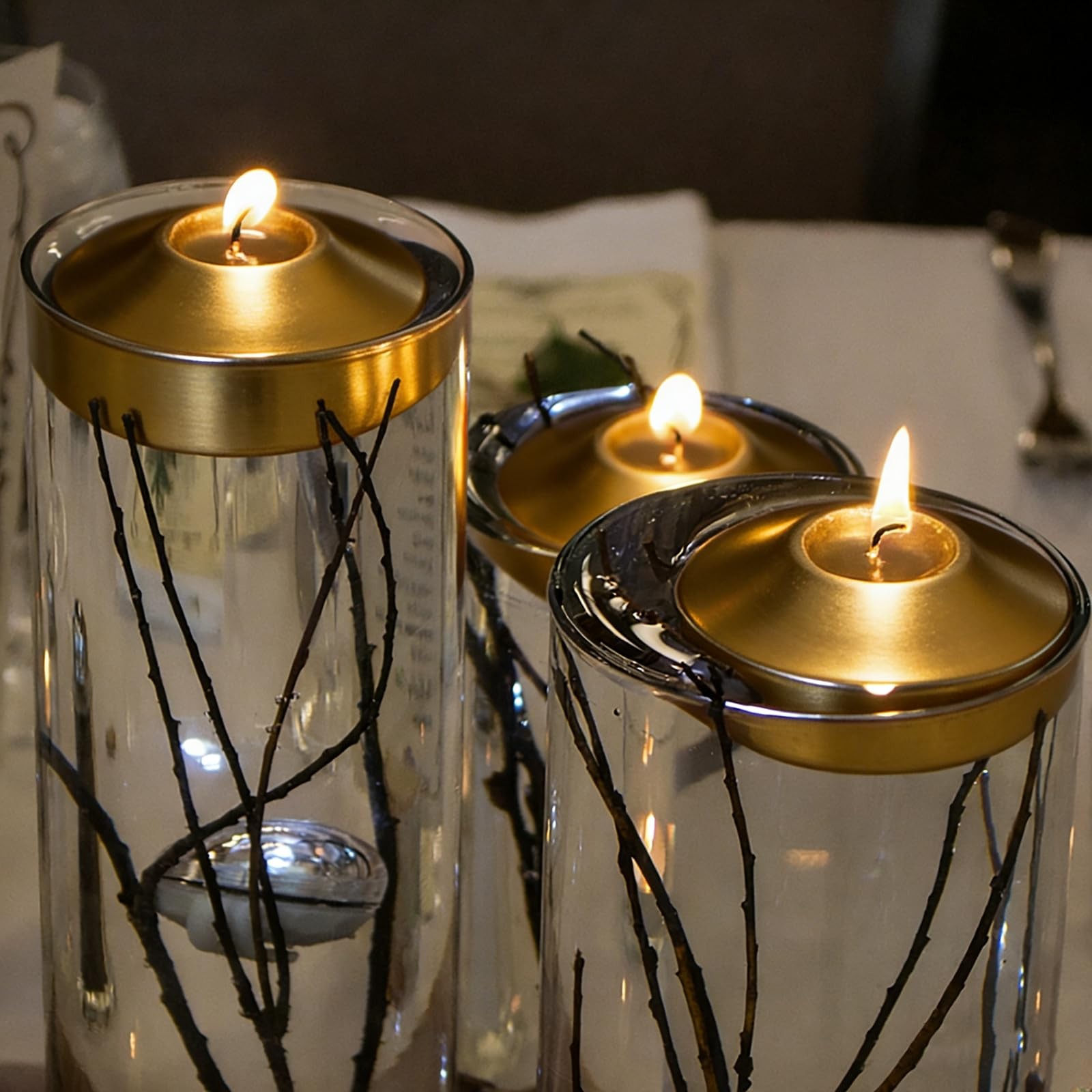 12 Pack Gold 3 Inch Floating Candles Paraffin Wax Elegant Clean Burning Flame gallery