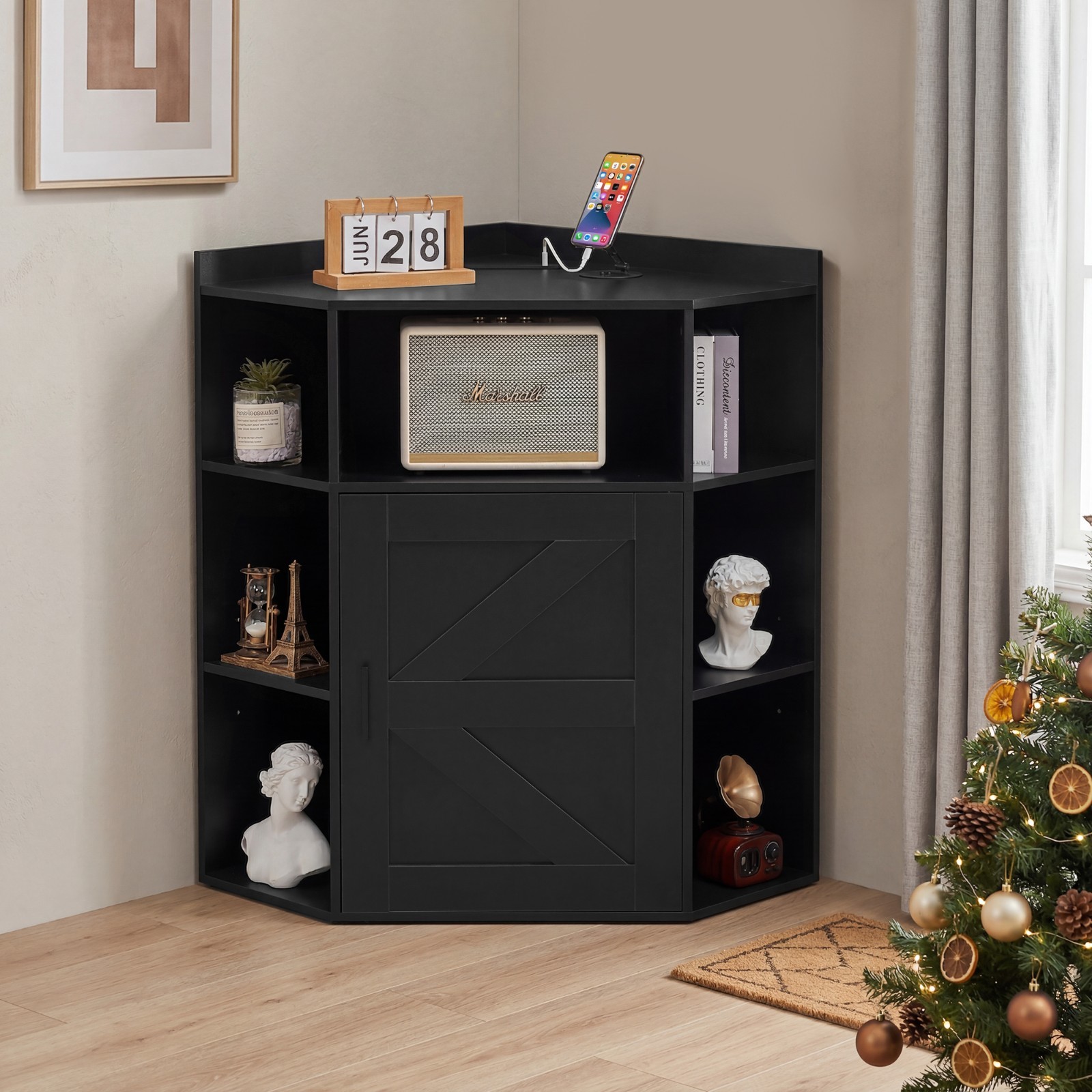 Triangle Corner Storage Cabinet with Charging Station Door & Shelves Home Office gallery