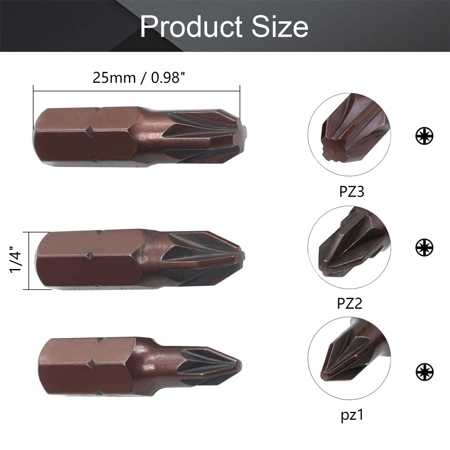 Utoolmart Pozidriv Screwdriver Bits, PZ1+PZ2+PZ3 PZ1+PZ2+PZ3, Brown gallery