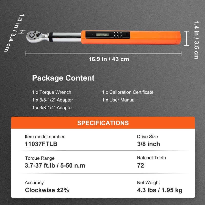 Digital Torque Wrench Adjustable Torque Wrench 3/8" Drive 3.7-37 ft.lb gallery