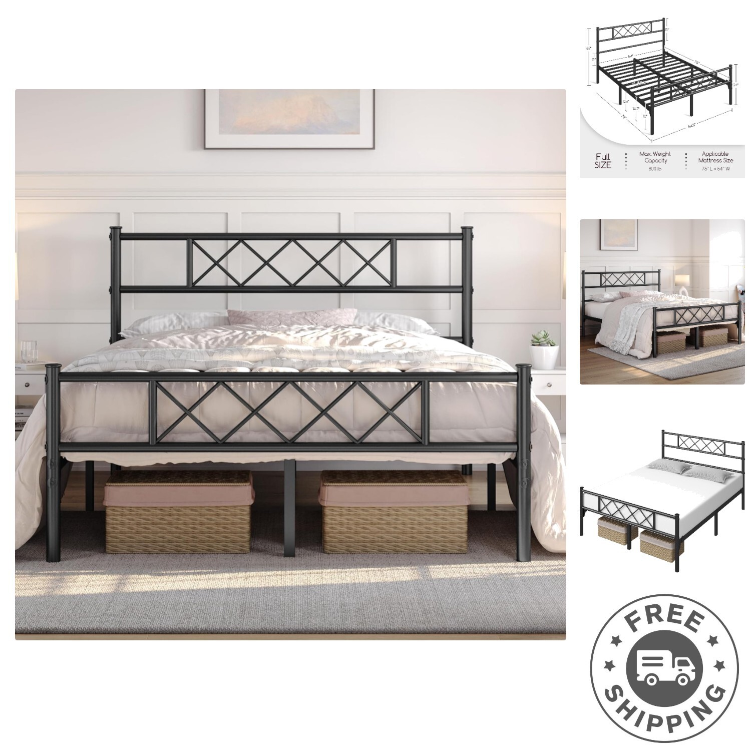 Elegant Full Metal Platform Bed with Squeak Resistant Design & Storage Space gallery