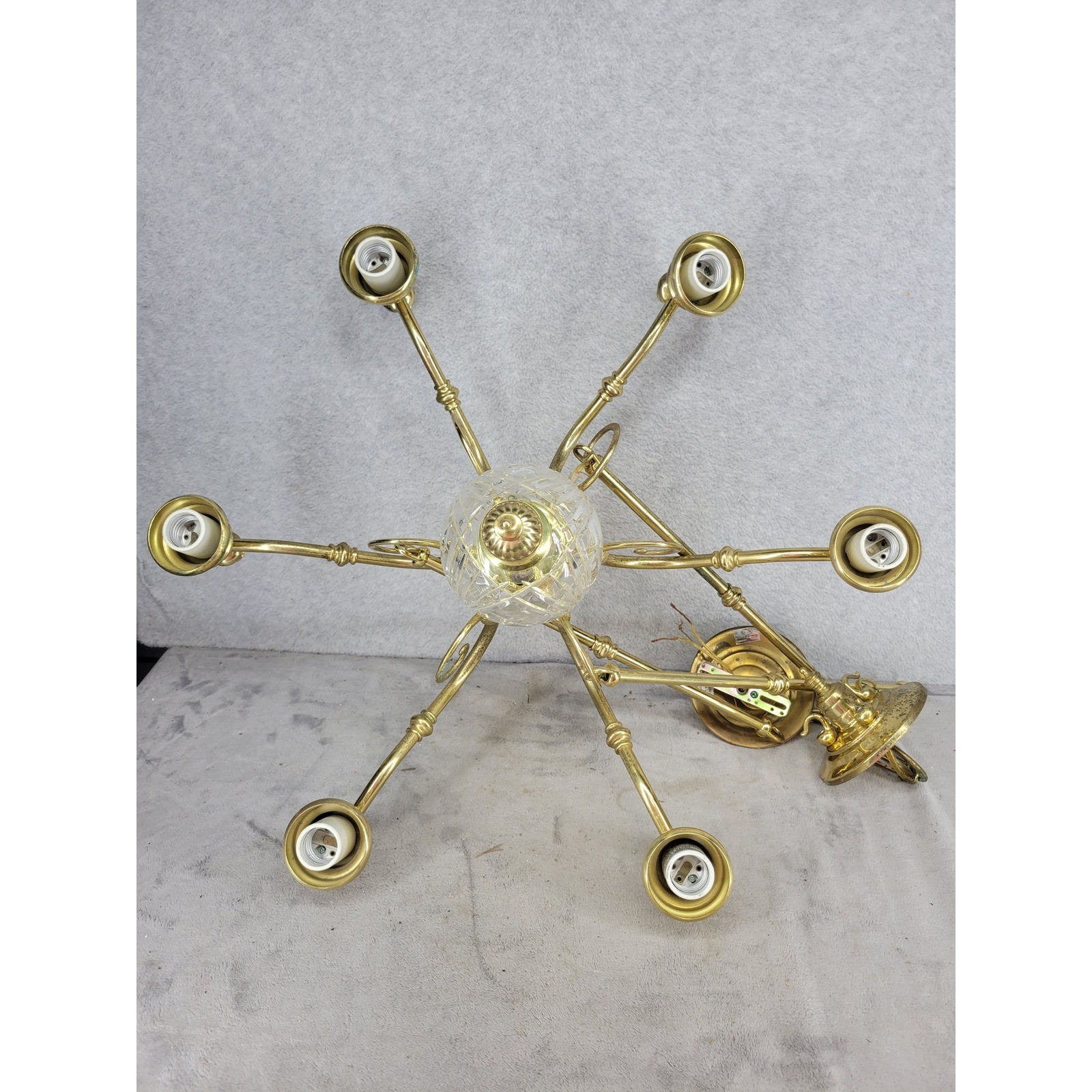 Vintage Brass With Crystal Ball Chandelier Light Fixture 6 Arms - No Shades! gallery
