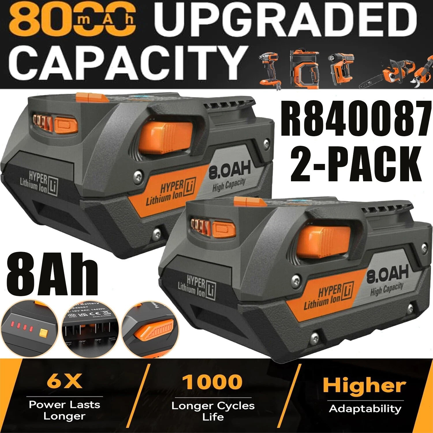 2PACK For Ridgid 18V R840085 8.0Ah Lithium-ion Battery OR Charger 18Volt R840087 gallery