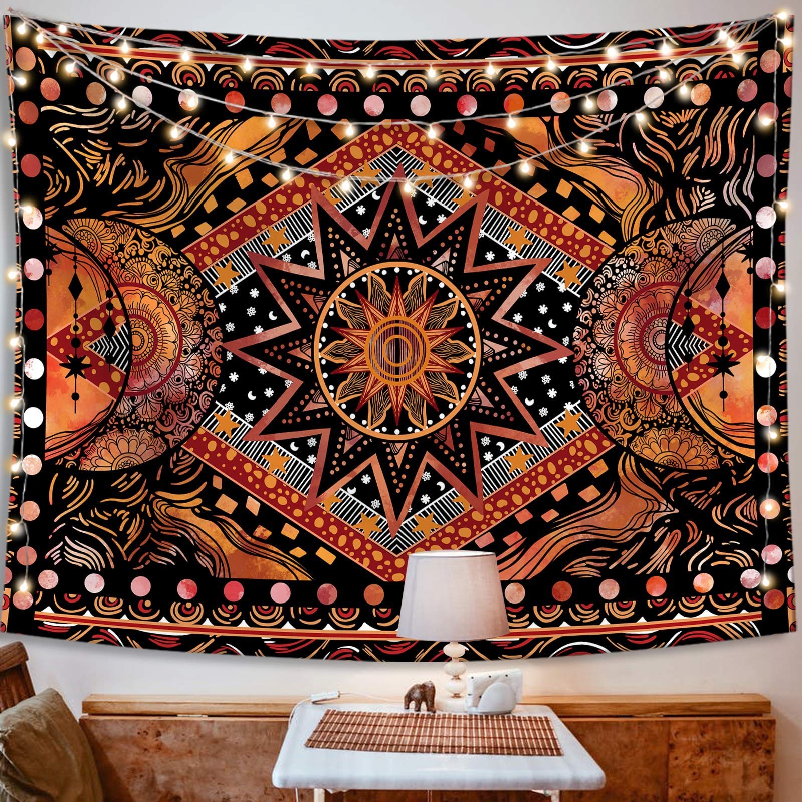 Fowocu Orange Sun and Moon Tapestry Wall Hanging, Indie 40"L x 30"W, gallery