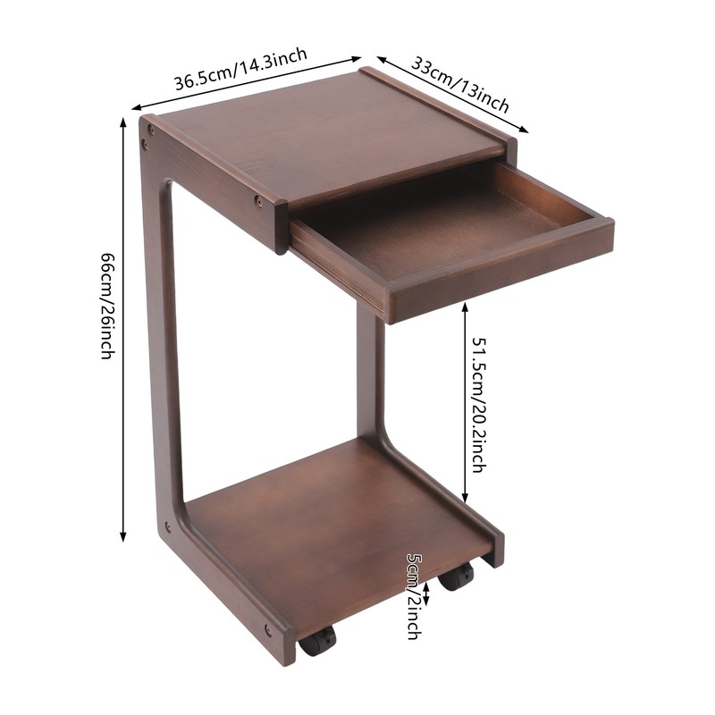 2-tierd Solid Wood Bedside C-shaped Side Table W/ Drawer & Lockable Wheels gallery