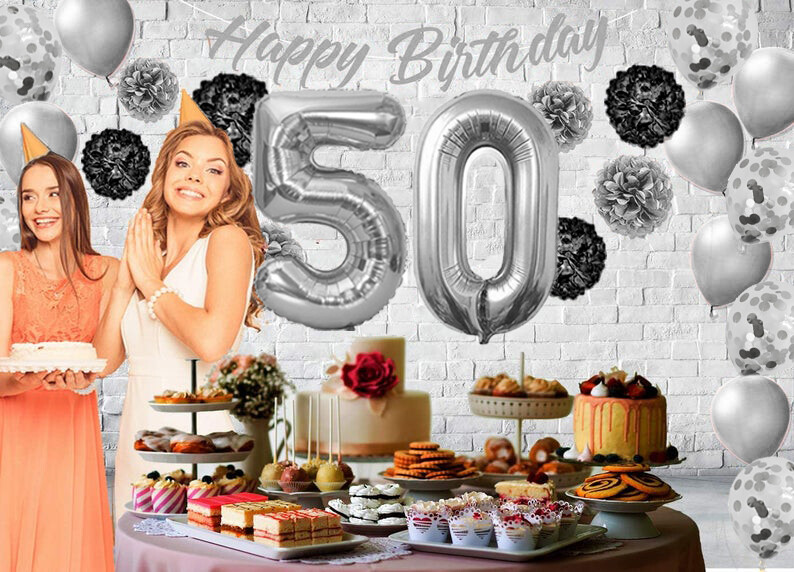Silver & Black 50th Birthday Decorations - 40" Number Balloons &More Boy or Girl gallery