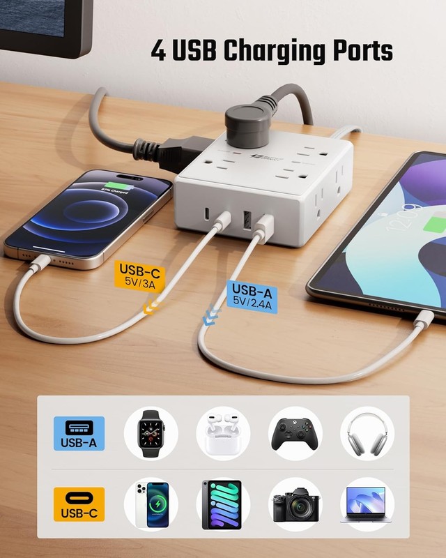 10Ft Extension Cord with Multiple Outlets, Flat Plug Surge Protector Power Strip gallery