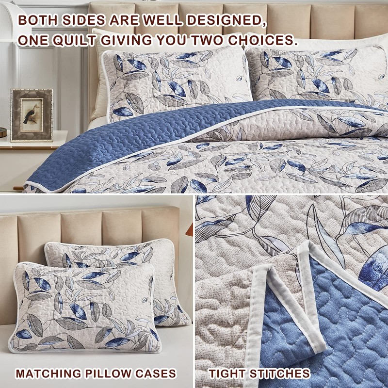 King Microfiber Quilt Set, Reversible Botanical Blue Leaves, 3-Piece Bedspread gallery