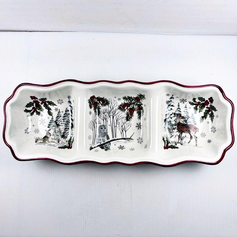 Better Homes Gardens Divided Serving Winter Tray OWL DEER RABBIT Holly Berry