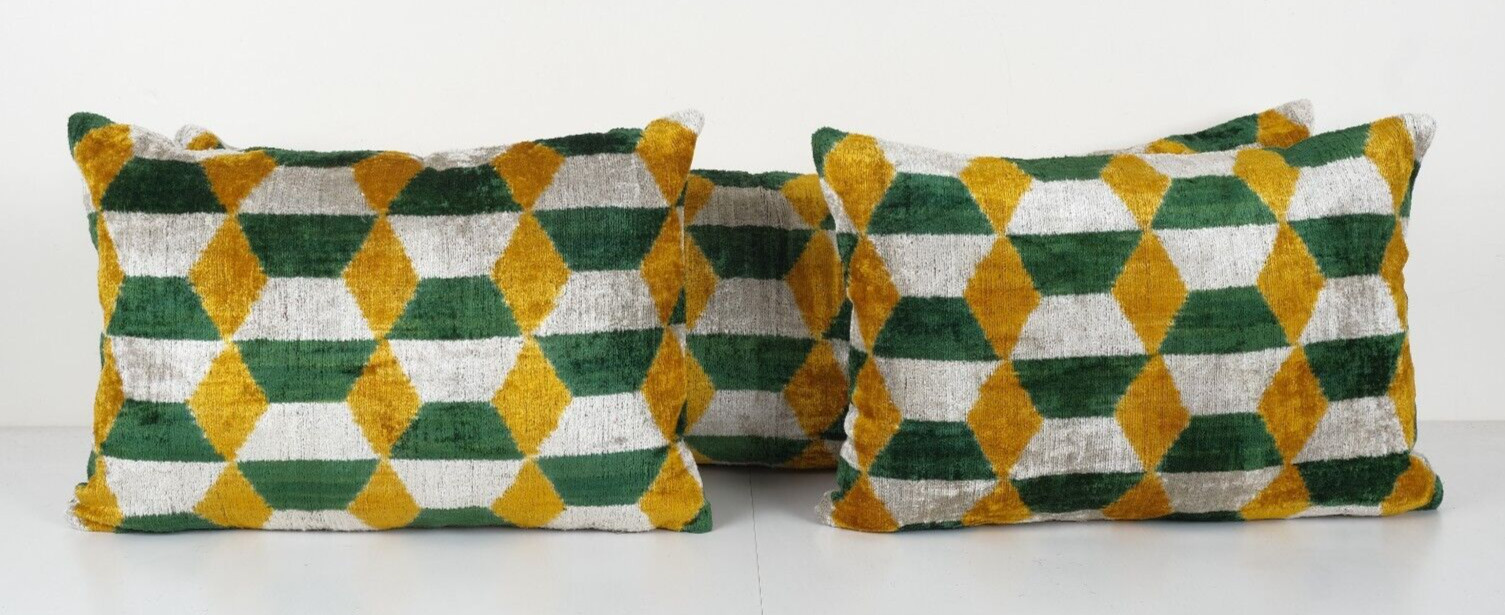 Handmade Quadrilateral Ikat Velvet Bedding Pillow, Set of Three Yellow Woven gallery