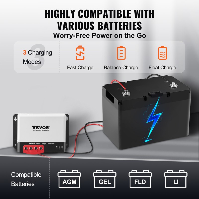 VEVOR 50A Solar Charge Controller 12V 24V MPPT Solar Regulator with Bluetooth gallery