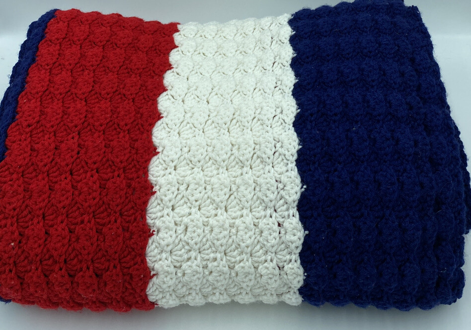 Handmade Crochet Afghan Blanket Throw Vintage 47” X 82” Red, White & Blue gallery