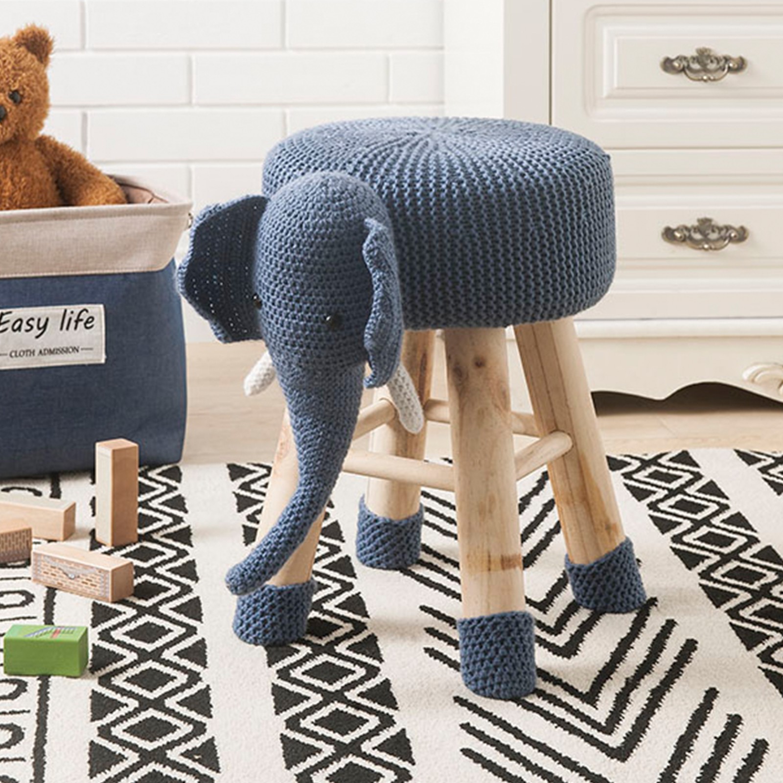 Elephant Foot Stool, Polyester Upholstered, Solid Pine Wood Legs gallery