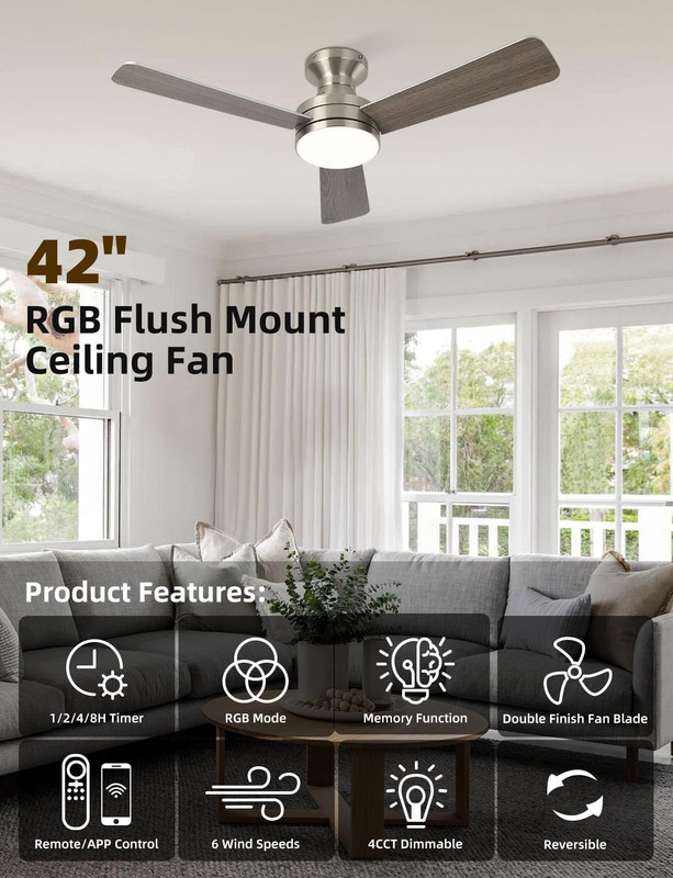 42" RGB Smart Ceiling Fan with Light, Remote, Music Sync & 6-Speed DC Motor gallery