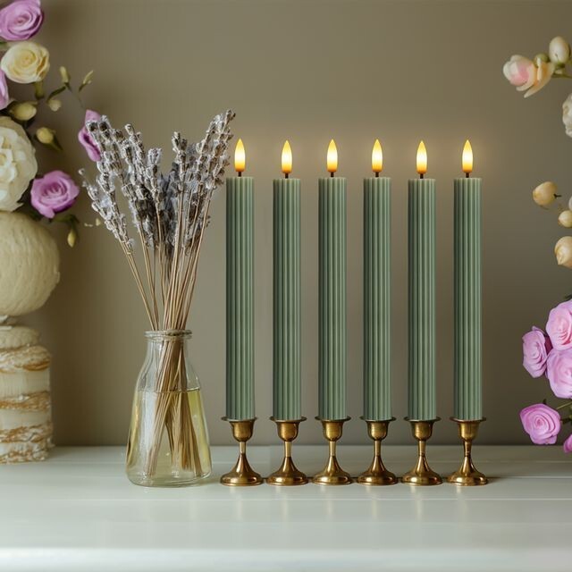 12PK 10" LED Ribbed Loden Green Pillar Candles w/ Remote & 24h Timer Memory gallery
