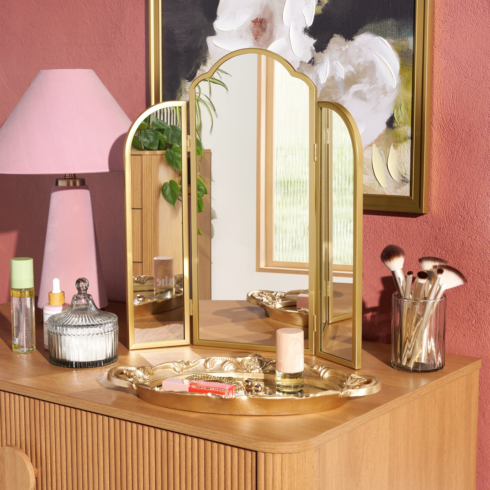 Beautiful Trifold Adjustable Vanity Mirror 3-Way Arched Gold Trifold Mirror gallery