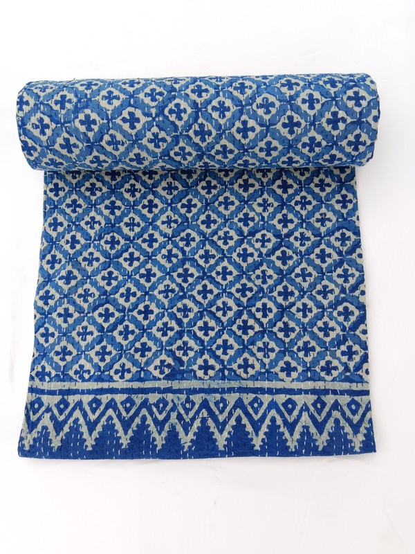 Handblock Printed Handmade Quilt Kantha Indian Blue Printed Set Bedspread Throw gallery