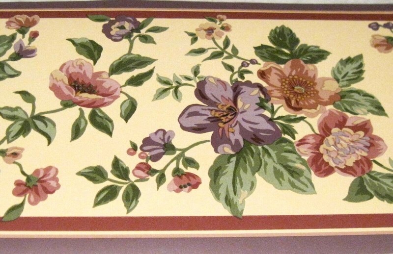 Wallpaper Border Traditional Flowers Purple + Burgundy Trim Yellow Wall 55221b gallery