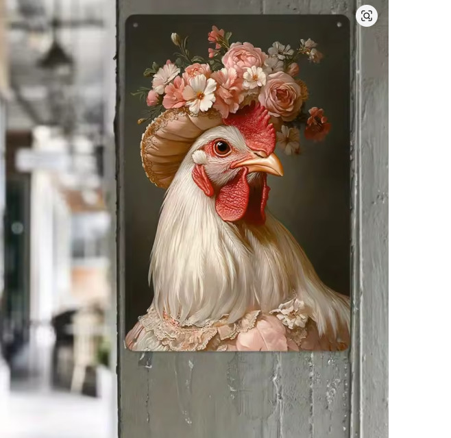 Wall Decor Victorian Rustic Glamorous Hen Chicken Flowers Hat Metal Sign 8x12 gallery