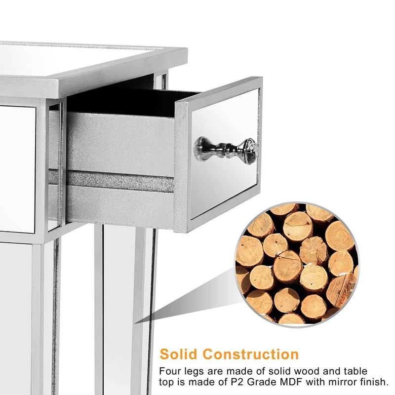 VINGLI Mirrored End Table with Drawer Silver Modern 1 Pack, gallery