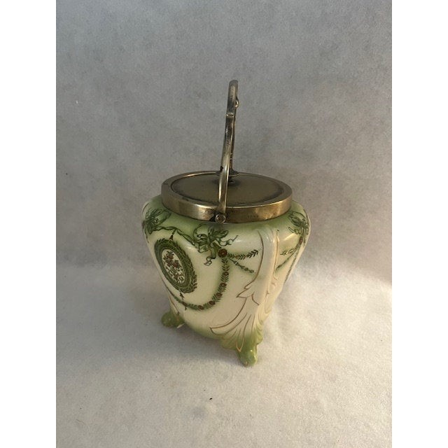 ANTIQUE Handle Crown Devon Green Biscuit Barrel SF&C Stoke On Trent FESTOON JAR gallery