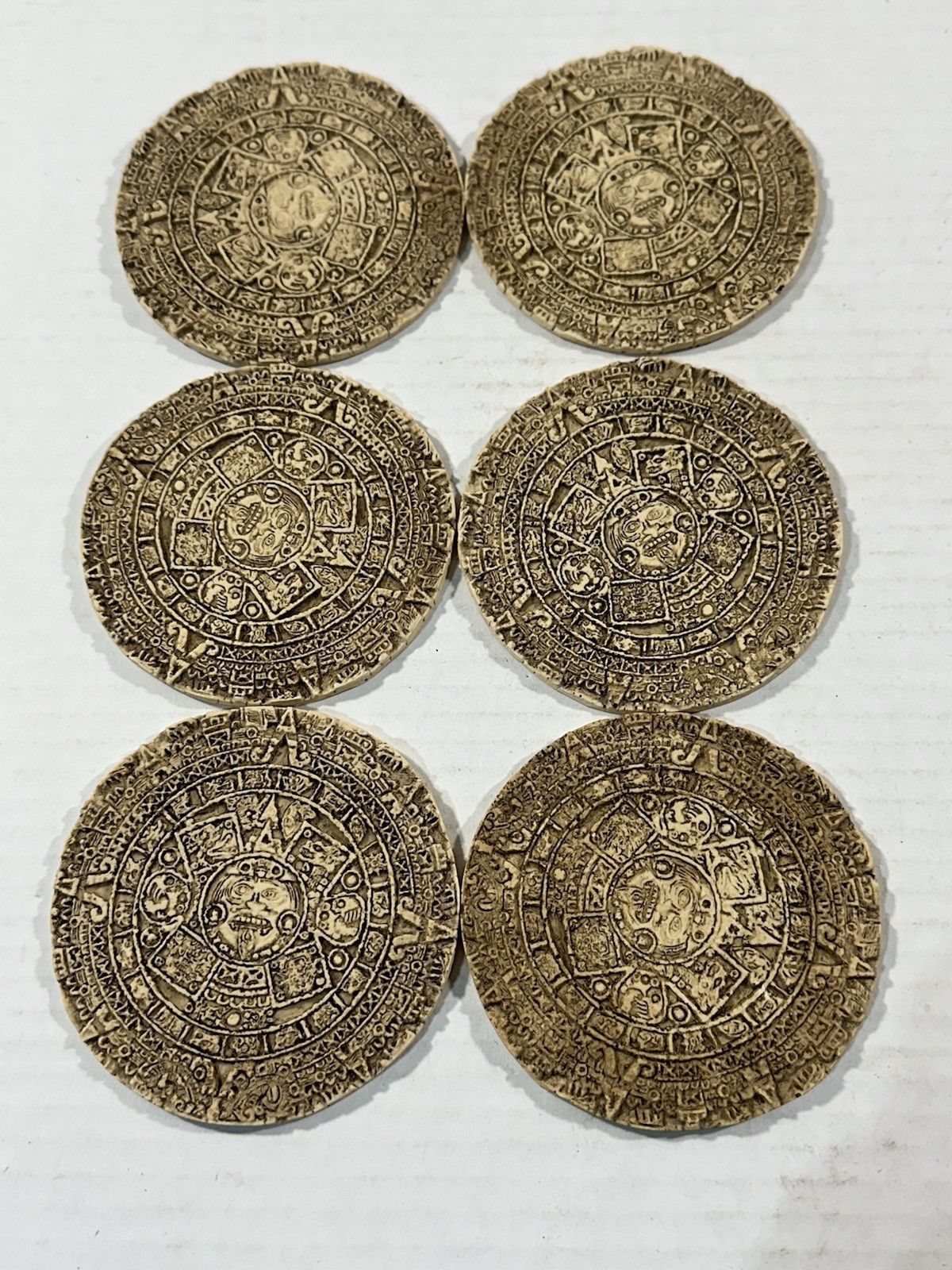 MAYAN Calendar Drink Coaster Set Stone Look Resin Holder Aztec Style 6pc gallery