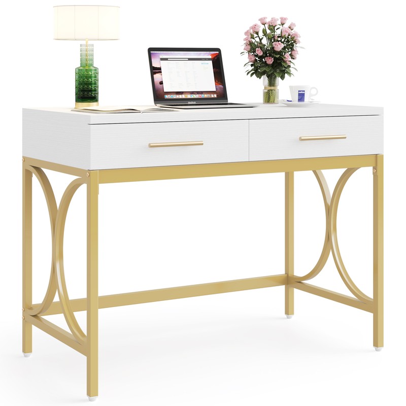 White Gold Computer Desk 2 Drawer Study Writing Table for Home Office Wood Metal gallery