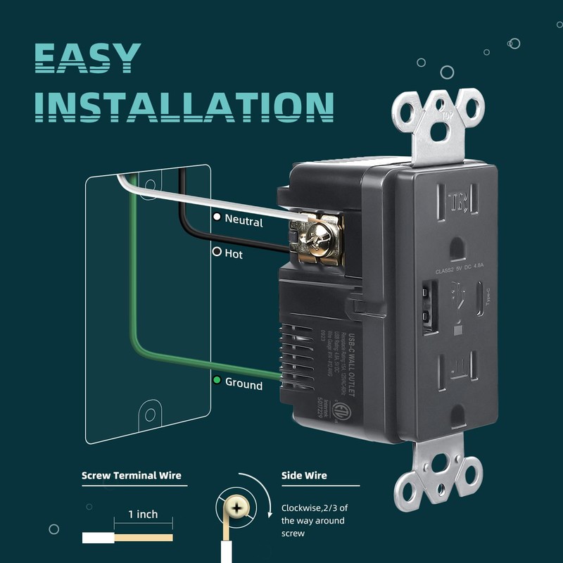 Black USB Wall Outlets, 4.8A USB Wall Receptacle with Type A & Type C Ports, Dup gallery