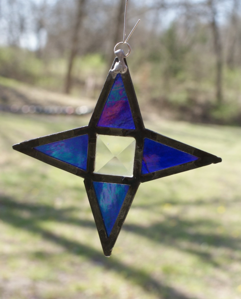 SG18 Handcrafted Stained Glass Suncatcher, Blue Star with Bevel Center, 5X5 in gallery